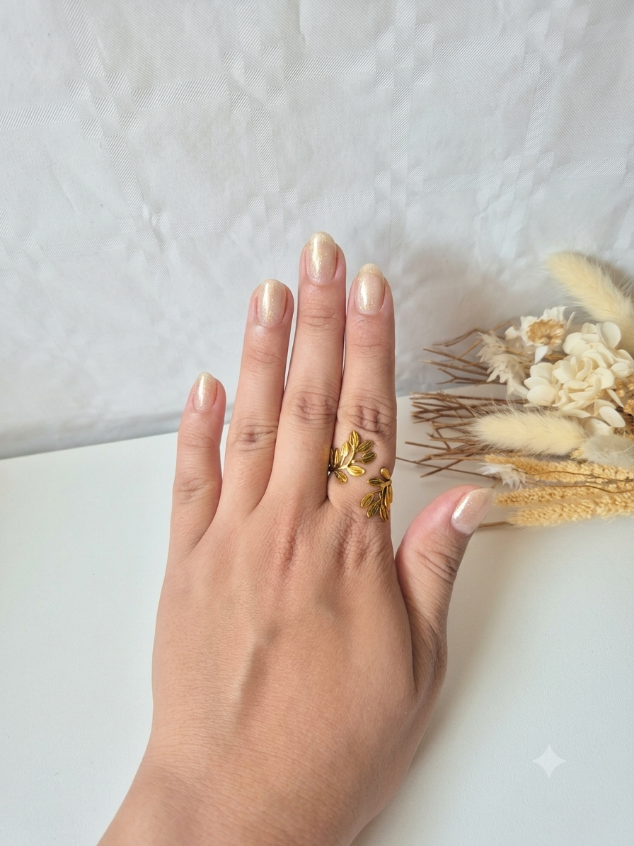 Bague Feuille d'Olivier – Plaqué Or & Acier Inoxydable Water resistant