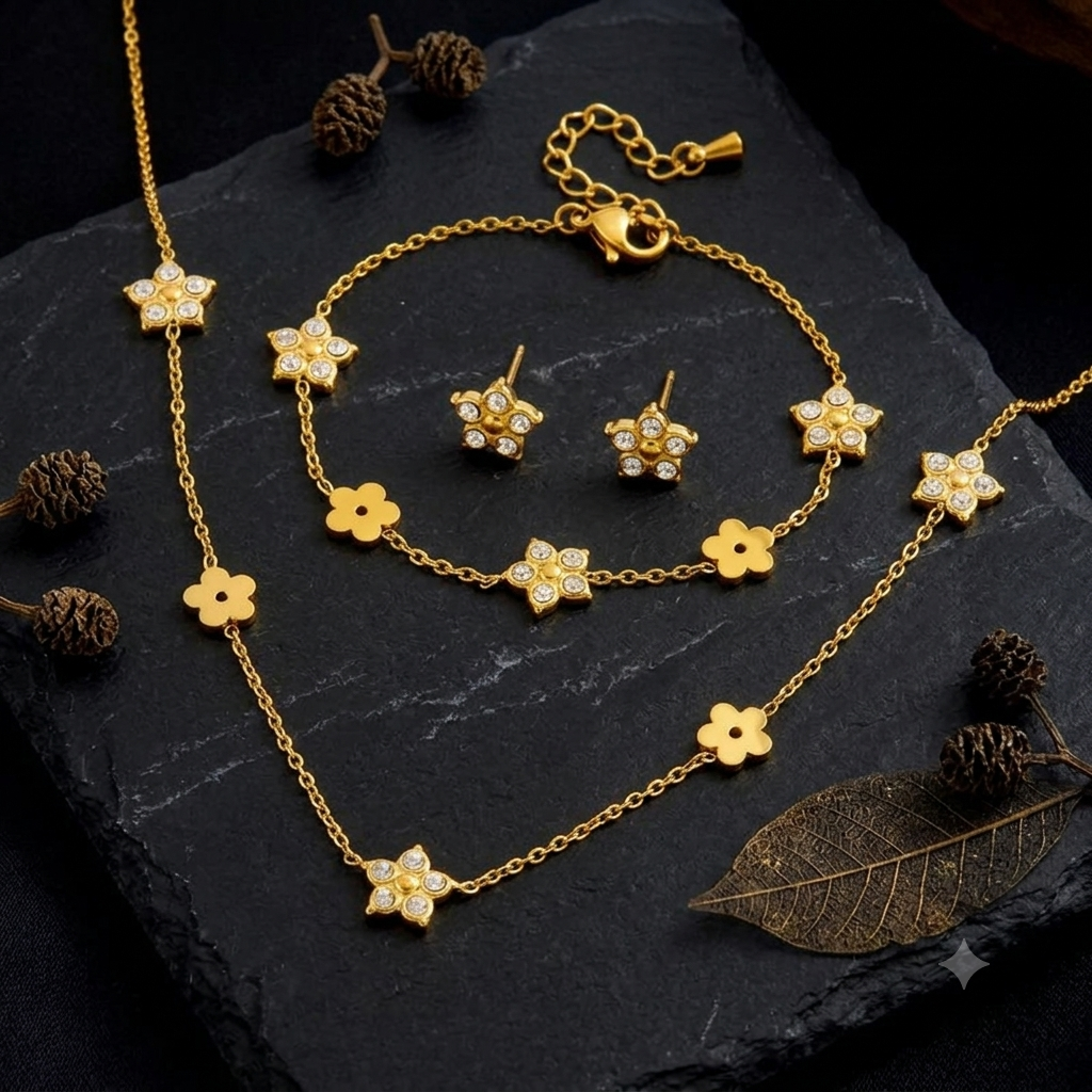 Parure de Bijoux Fleurs en Acier Inoxydable Doré - Collier, Bracelet & Boucles d'Oreilles
