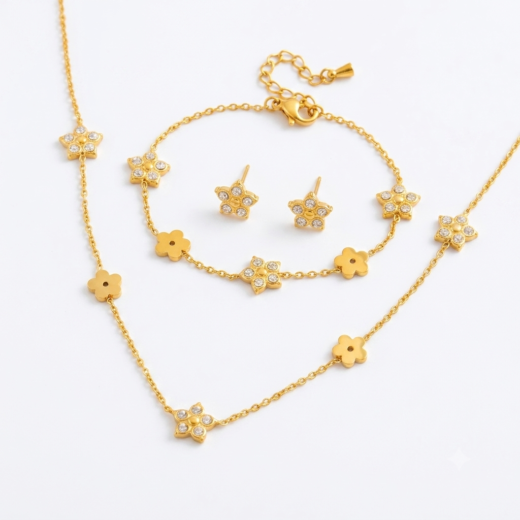Parure de Bijoux Fleurs en Acier Inoxydable Doré - Collier, Bracelet & Boucles d'Oreilles