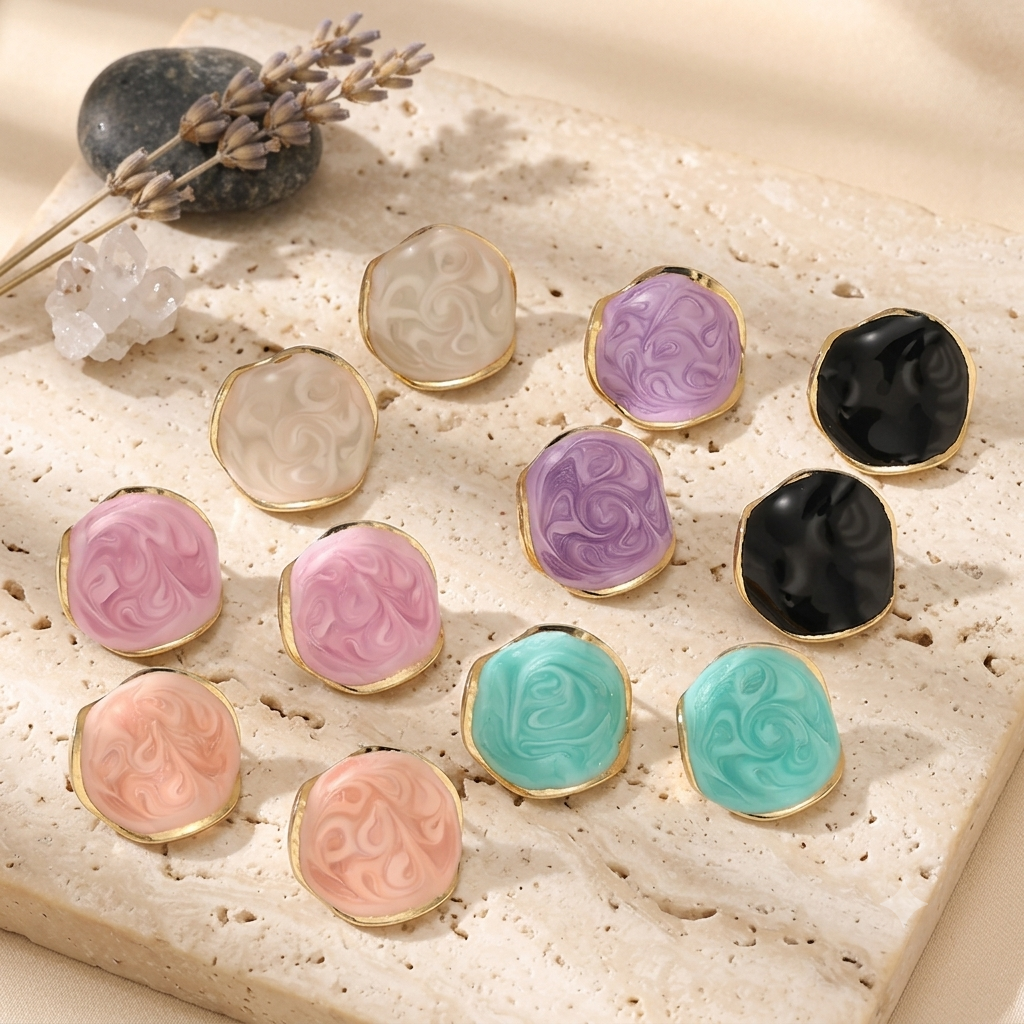 Boucles d'Oreilles Puces Rose Émail & Acier Doré 18 Carats (Résistantes à l'eau)