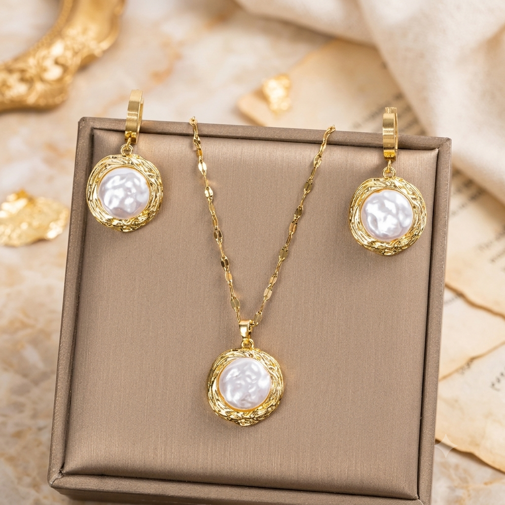 Parure Solaire & Nacre — Collier & Boucles Tressées Plaqué Or 18K