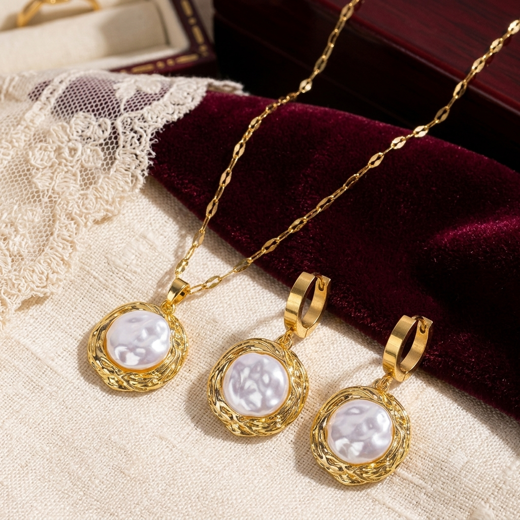 Parure Solaire & Nacre — Collier & Boucles Tressées Plaqué Or 18K