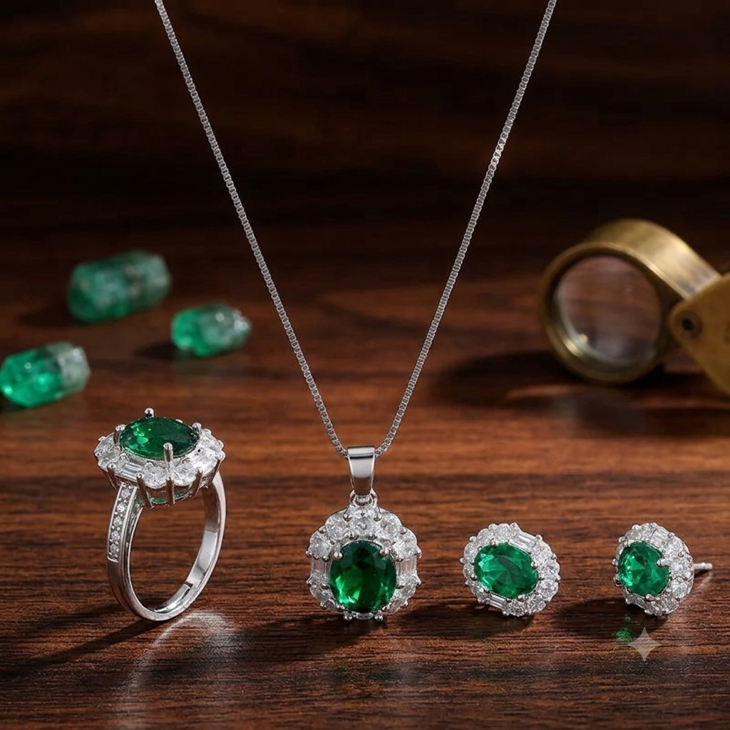 Parure de Bijoux "Émeraude Royale" – Collier, Bague & Boucles d'Oreilles Serti Zirconium