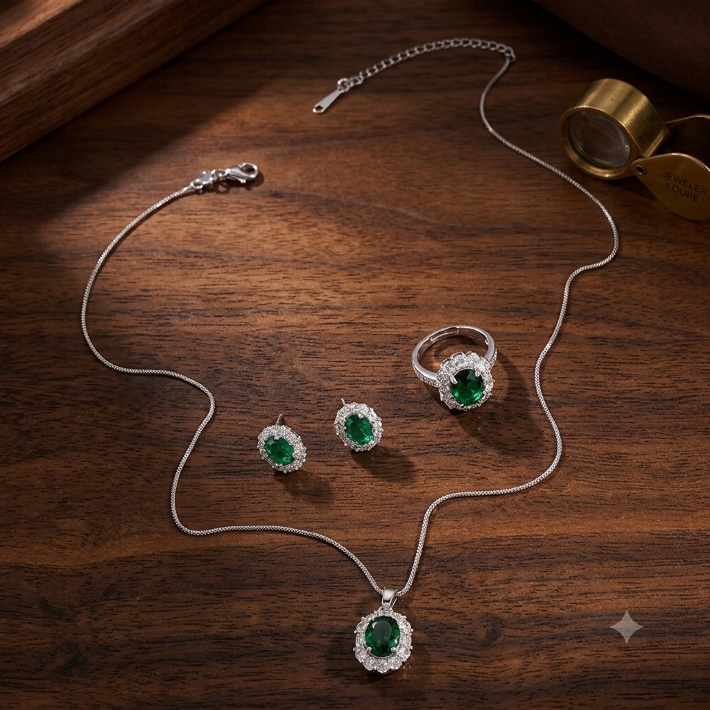 Parure de Bijoux "Émeraude Royale" – Collier, Bague & Boucles d'Oreilles Serti Zirconium