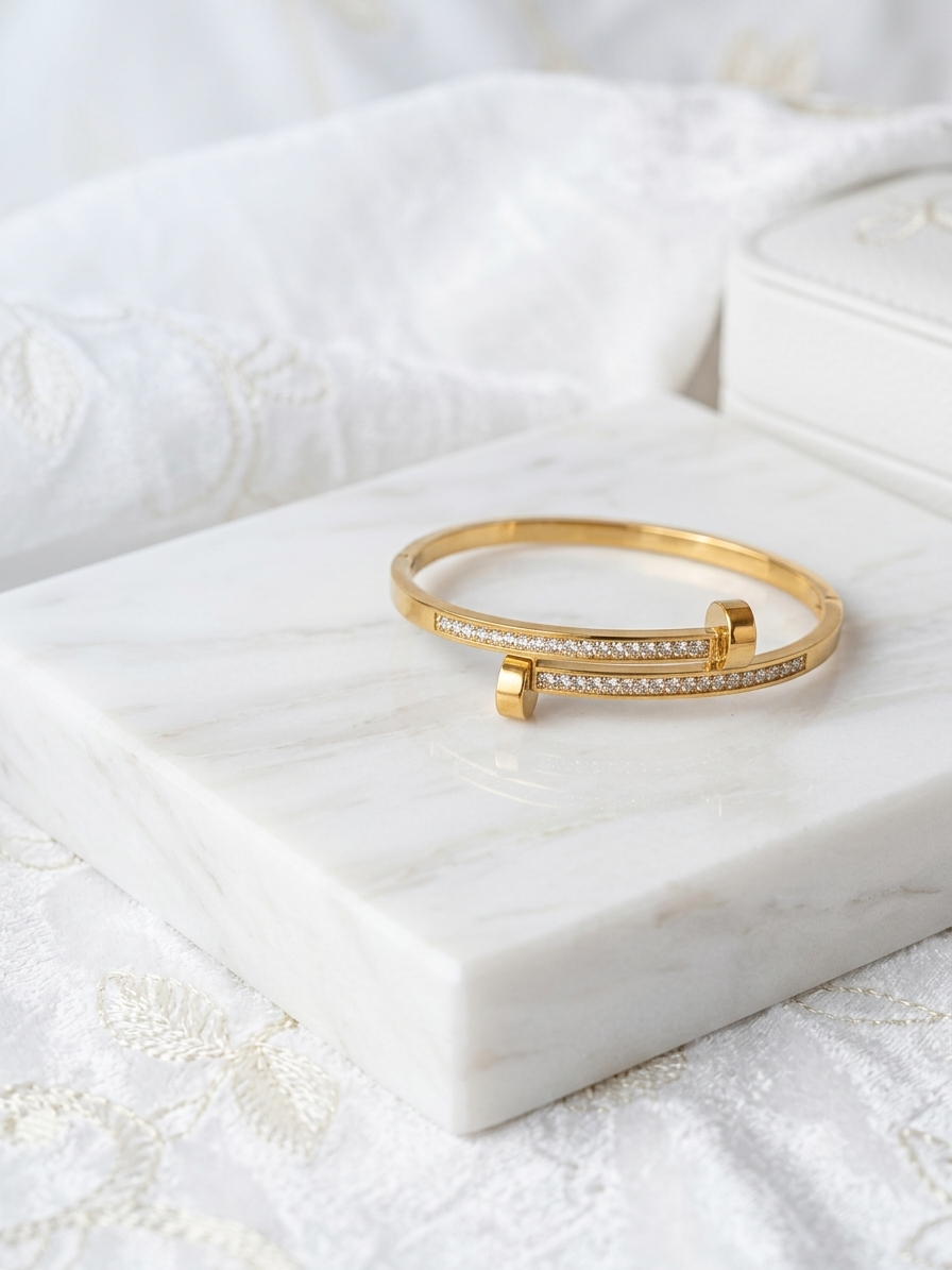 Bracelet Clou Double Pavé - Plaqué Or 18K & Acier Inoxydable