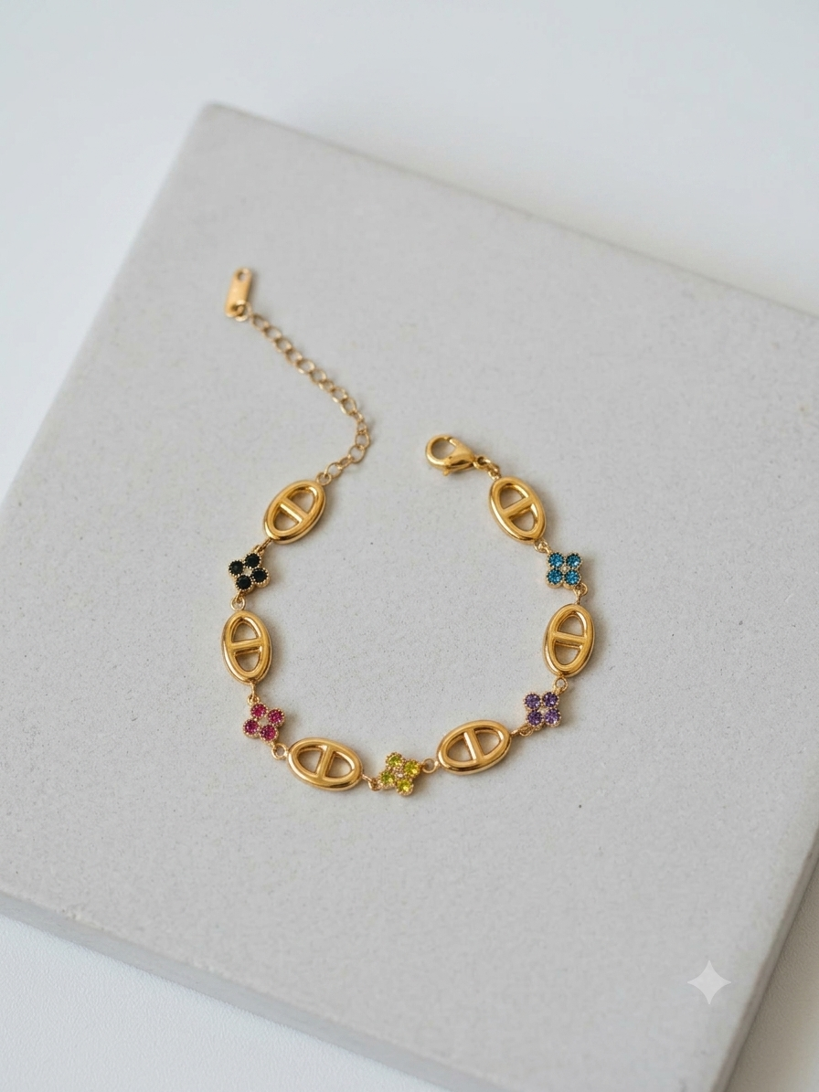 Bracelet Maillons & Trèfles Porte-Bonheur en Plaqué Or 18K