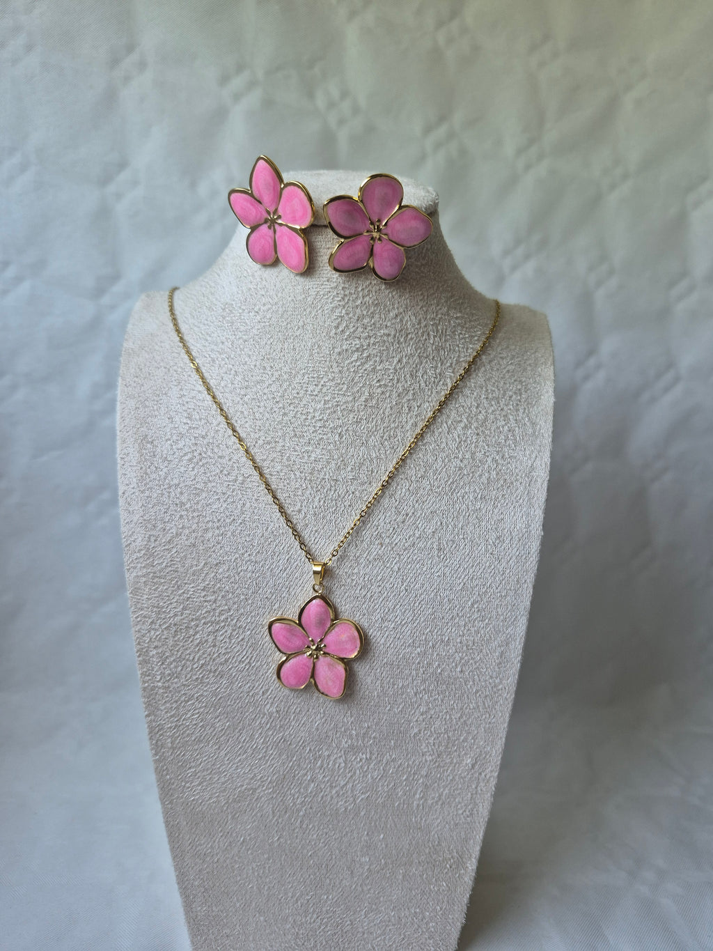 Parure Collier et Bracelet Fleur en Émail – Acier Inoxydable Doré et rose