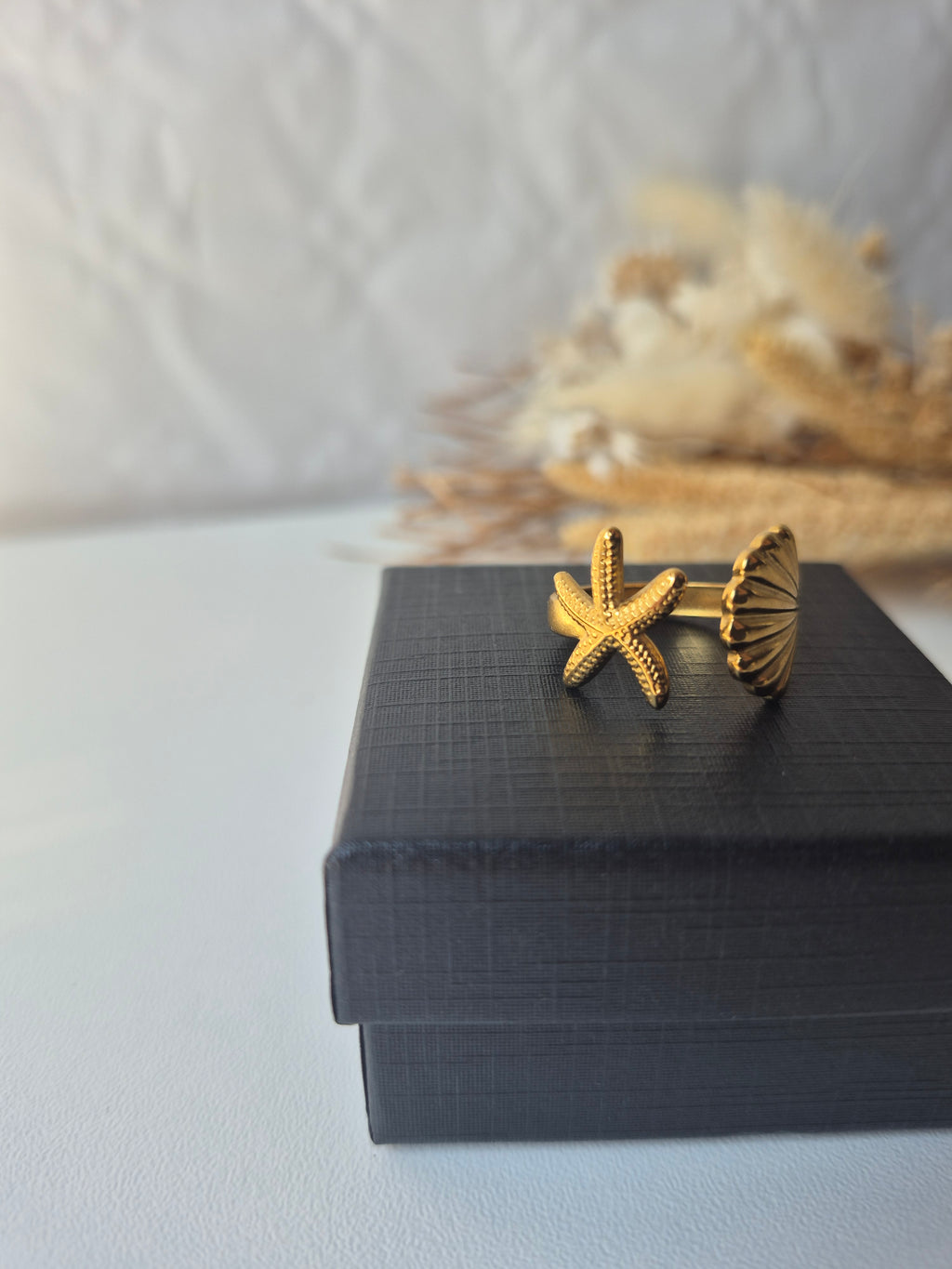 Bague Ajustable Dorée Coquillage & Étoile de Mer en Acier Inoxydable 304 – Style Bohème Chic