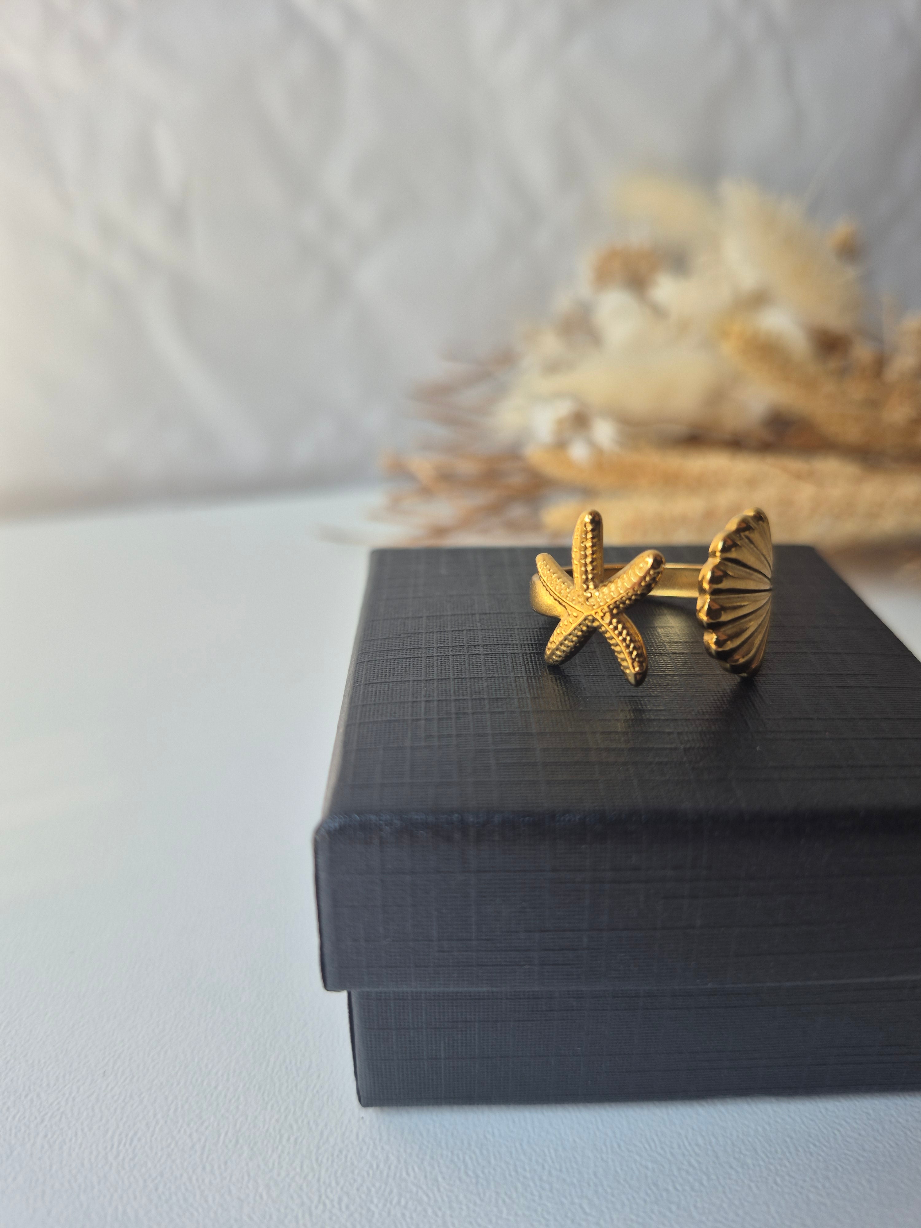 Bague Ajustable Dorée Coquillage & Étoile de Mer en Acier Inoxydable 304 – Style Bohème Chic