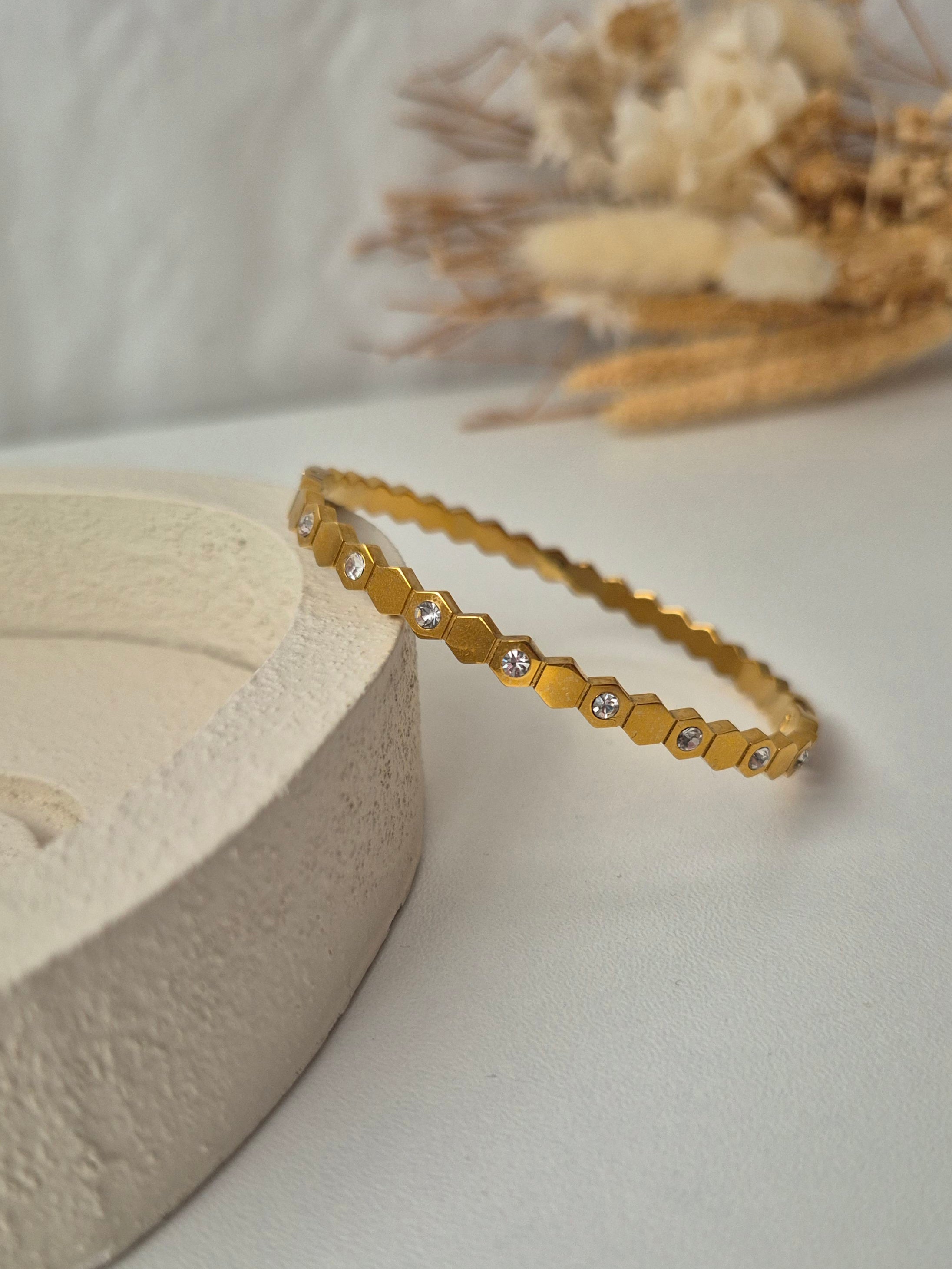 Bracelet Jonc Alvéolé Doré & Oxydes de Zirconium – Collection Alvéole
