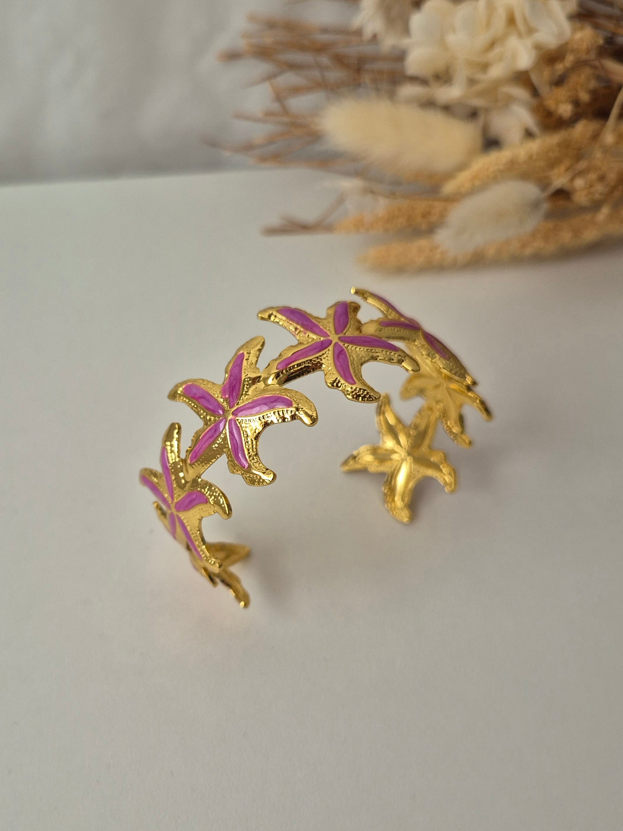 Bracelet Jonc Ajustable Étoile de Mer en Acier Inoxydable et Émail Coloré