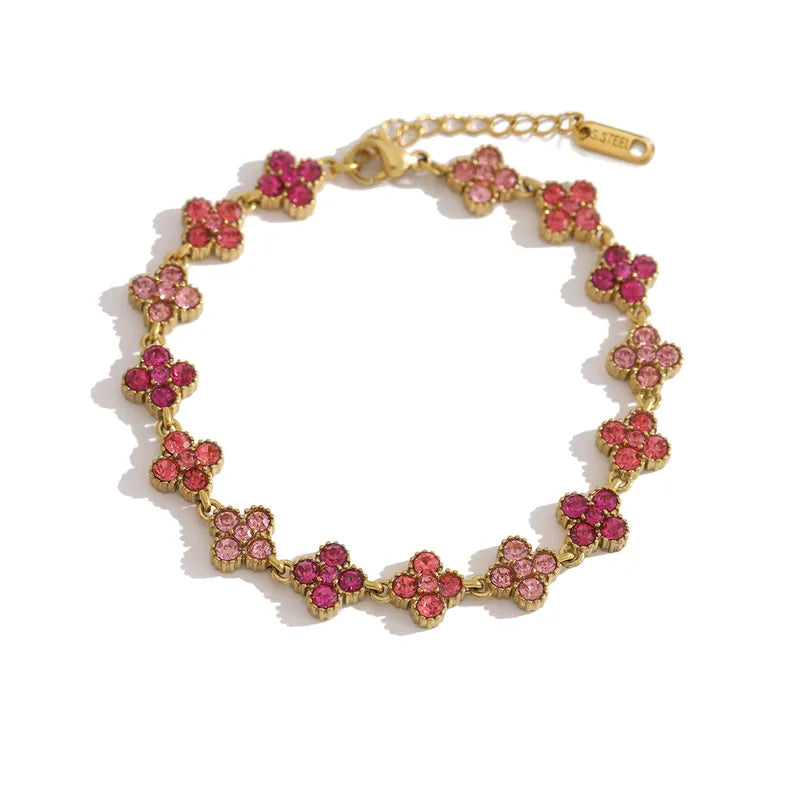 Bracelet Porte-Bonheur Trèfle Strass Camaïeu de Rose  – Doré à l'Or Fin
