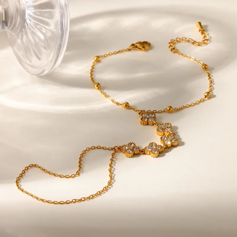 Bracelet Trèfle à 4 Feuilles en Acier Inoxydable 304 – Plaqué Or 18 Carats – Zircon – Femme