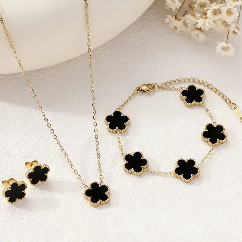 Ensemble Parure Chic Motif Trèfle Noir – Collier, Bracelet & Boucles d'Oreilles