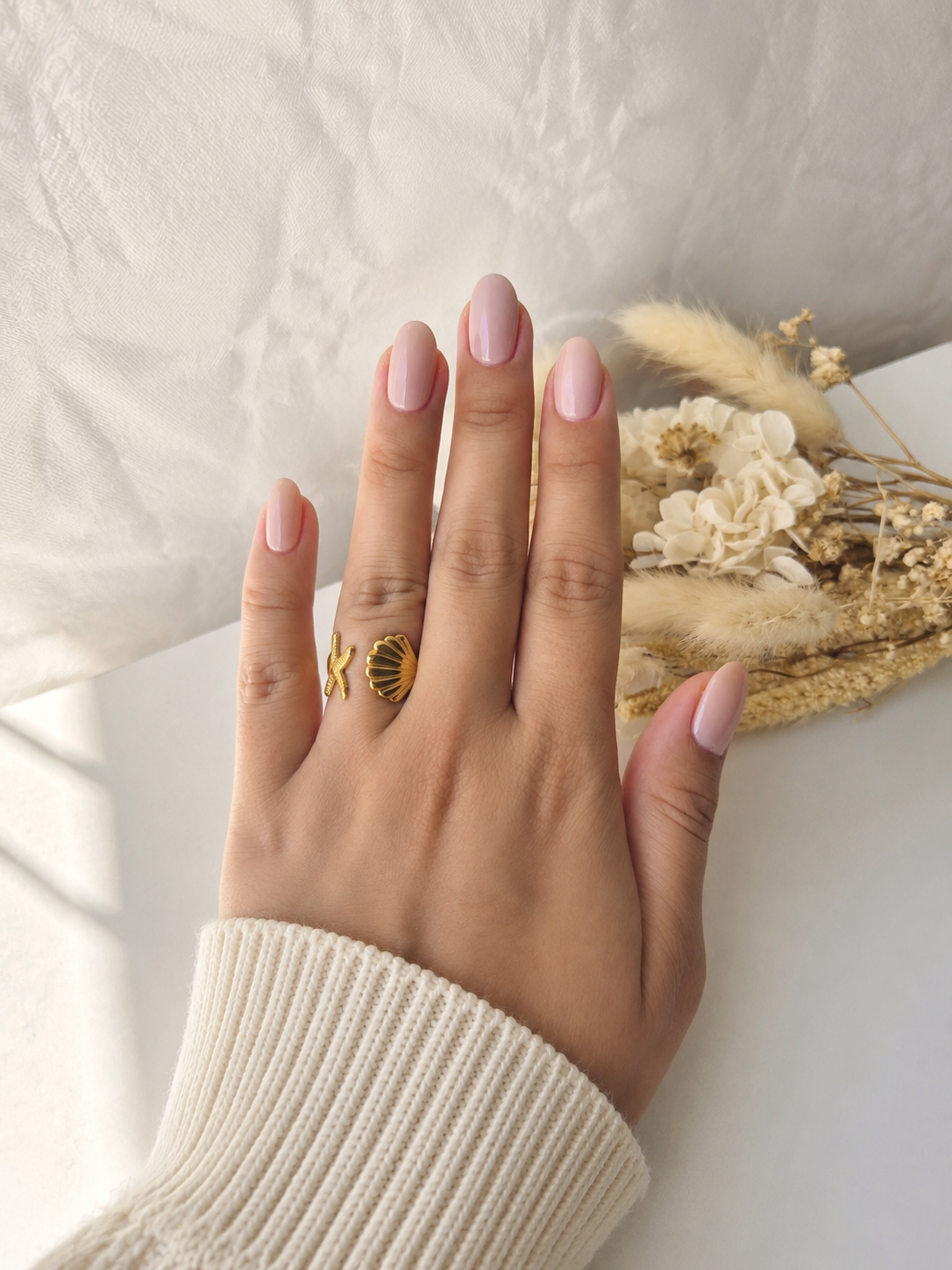 Bague Ajustable Dorée Coquillage & Étoile de Mer en Acier Inoxydable 304 – Style Bohème Chic