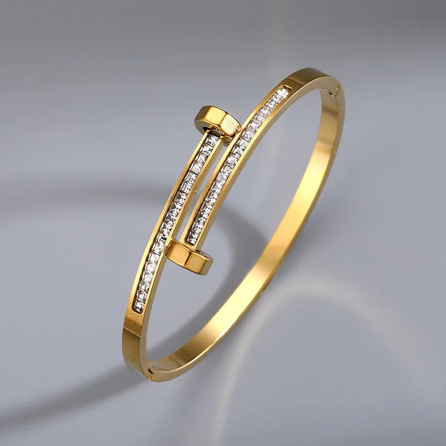 Bracelet Clou Double Pavé - Plaqué Or 18K & Acier Inoxydable